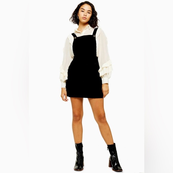 Bozzolo black velvet corduroy pinafore bodycon overall front pocket dress size M - Picture 4 of 5